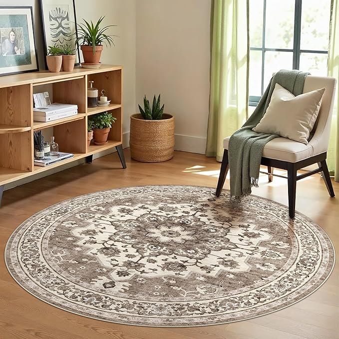 TOPRUUG Washable Oriental Area Rug - 5ft Round Rugs for Living Room Soft Carpet for Bedroom Waterproof Floral Distressed Indoor Stain Resistant Non-Shedding Floor Carpets (Beige, 5ft-Round)
