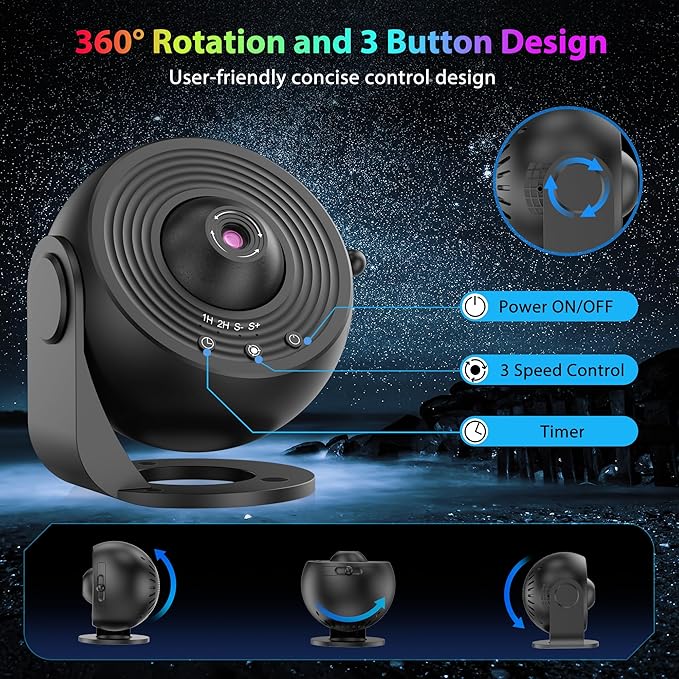 Galaxy Projector for Bedroom, HD Image Star Projector Galaxy Light Adjustable Knob, 13 Film Discs Planetarium Projector for Kids, 360° Rotating 1/2h Timer Simple 3-Button Control