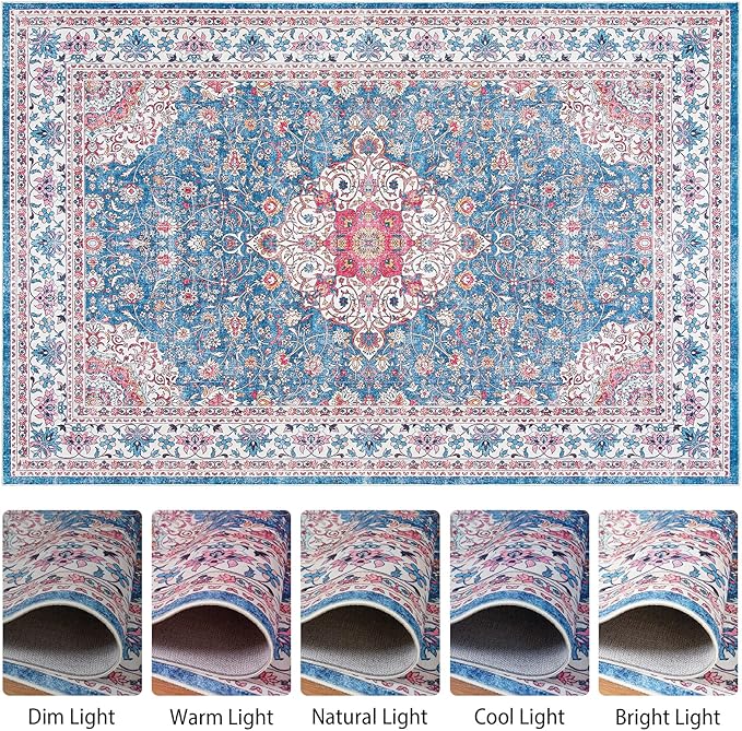 Goideal Washable Rug 6x9, Vintage Area Rugs Non Slip, Indoor Low Pile Carpet with Rubber Backing for Living Room Kitchen Bathroom Entryway Office Bedroom, Blue & Hot Pink