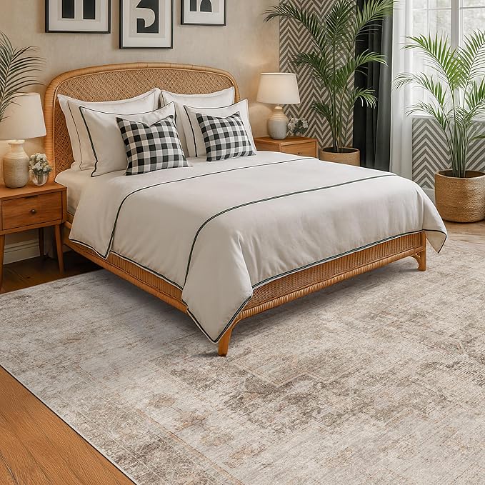 Hazo Haus Neutral Farmhouse Area Rug for Bedroom - 7x9 Washable Rug for Dining Room Table, Ultra-Thin Soft Textured Boho Abstract Indoor Decor, Fade & Stain Resistant