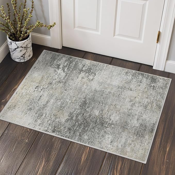 GENIMO 2x3 Rugs for Entryway Entrance, Modern Machine Washable Rug Ultra Soft Indoor Area Rugs 2x3 for Bedroom Kitchen Bathroom, Lightweight Low Pile Carpet with Non Slip Backing, Mist Grey