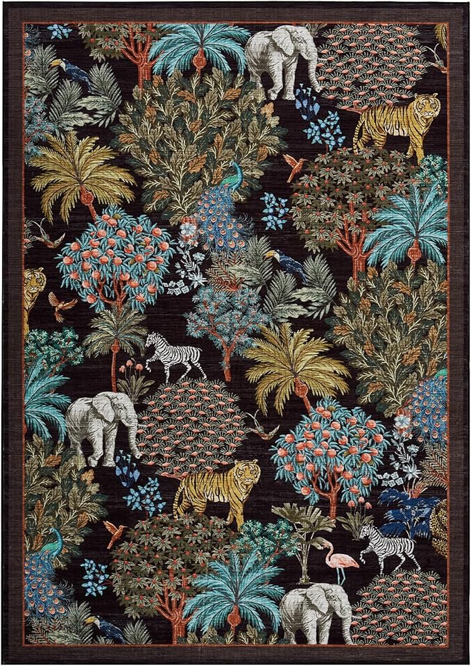 GarveeHome Jungle Animal Print Rug 4x6 Washable Area Rugs for Living Room, Forest Rug Non Slip Soft Low Pile Stain Resistance Throw Carpet for Bedroom Kids Playroom Nursery Black