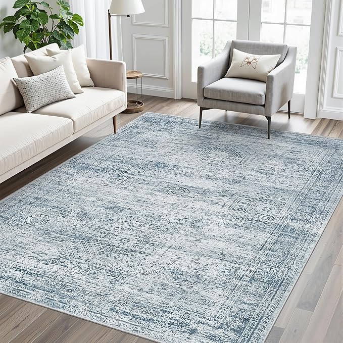 Soalmost 5x7 Area Rugs Blue Low Pile Indoor Washable Trendy Faded Style Rugs for Bedroom Living Room Dining Room Foldable Non-Slip Thin Print Mat