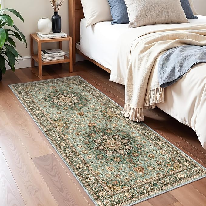 TOPRUUG Washable Entryway 2x5 Rug - Small Throw Runners for Kitchen Bathroom Bedroom Non-Slip Ultra-Thin Indoor Door Mat Indoor Entrance - Stain Resistant Vintage Home Decor (Green, 2X5)