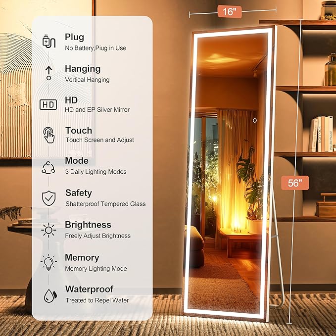 Full Length Mirror with Lights, 56" x 16" LED Lighted Floor Standing Body Mirror, Dimmable & 3 Color Lighting for Bedroom, Cloakroom, Dressing Room, Tempered Glass, Square White