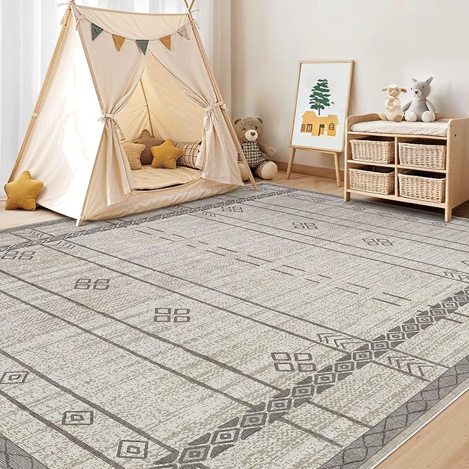 cotiled 6x9 Area Rug Living Room: Washable Boho Rugs with Non Slip Backing Large Soft Indoor Stain Resistant Carpet for Bedroom Farmhouse Dining Room Lightweight Home Decor Grey Brown