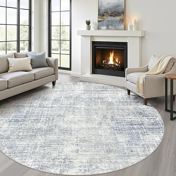 7ft Round Rug Living Room: 7x7 Washable Large Neutral Blue Circle Area Rug Abstract Soft Modern Stain Resistant Indoor Floor Non-Slip Carpet for Bedroom Nursery Kids Office Playroom Dining Room