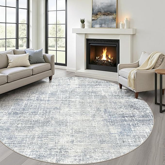 7ft Round Rug Living Room: 7x7 Washable Large Neutral Blue Circle Area Rug Abstract Soft Modern Stain Resistant Indoor Floor Non-Slip Carpet for Bedroom Nursery Kids Office Playroom Dining Room
