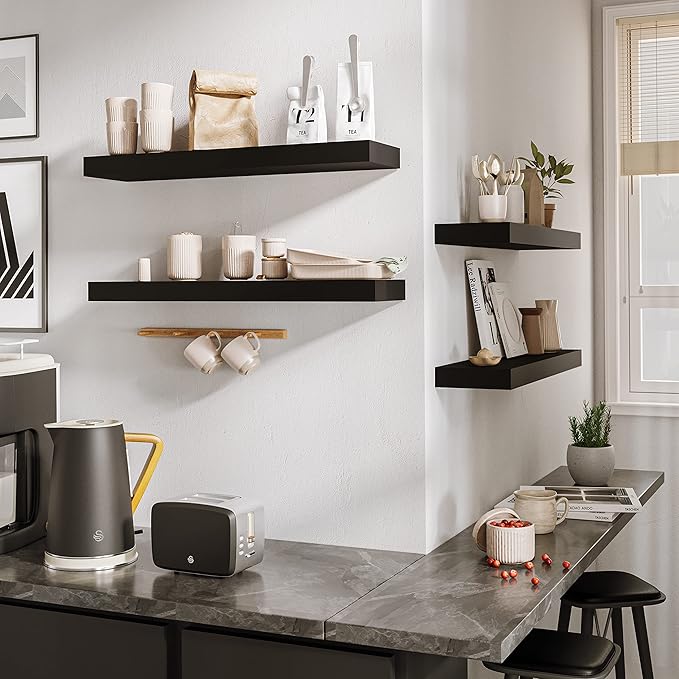 BAMEOS Floating Shelf,24 in Wall Shelf,Decor Wall Mounted Shelves,Hanging Shelf Set for Bathroom Kitchen Living,Kitchen,Room Bedroom Storage,Black