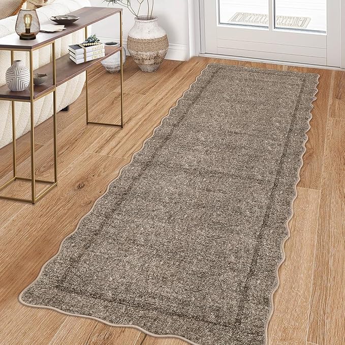 GarveeHome Scalloped Washable Runner Rug 2x6 Runner Non Slip Kitchen Rug Modern Taupe Rug Entryway Rug Farmhouse Soft Bathroom Rugs Stain Resistant Carpet for Hallway Laundry Bedroom 2 ft x6 ft Taupe