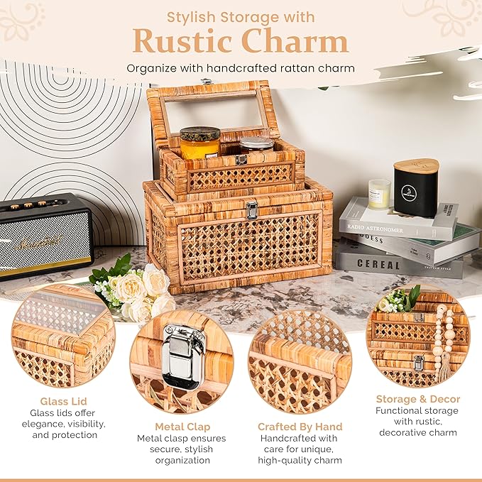 Large Set of 2 Handwoven Rattan Decorative Boxes with Glass Lids - Stackable Wicker Storage Boxes for Home Decor - Coffee Table Box Organizers - Woven Box with Lid for Shelves