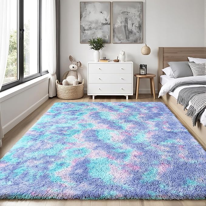 Rainbow Fluffy Rugs for Girls Bedroom: 4x6 Large Shag High Pile Area Rug Upgrade Non-Slip Plush Fuzzy Living Room Rug Shaggy Soft Indoor Floor Carpet Nursery Rugs for Kids Baby Toddler Home Decor