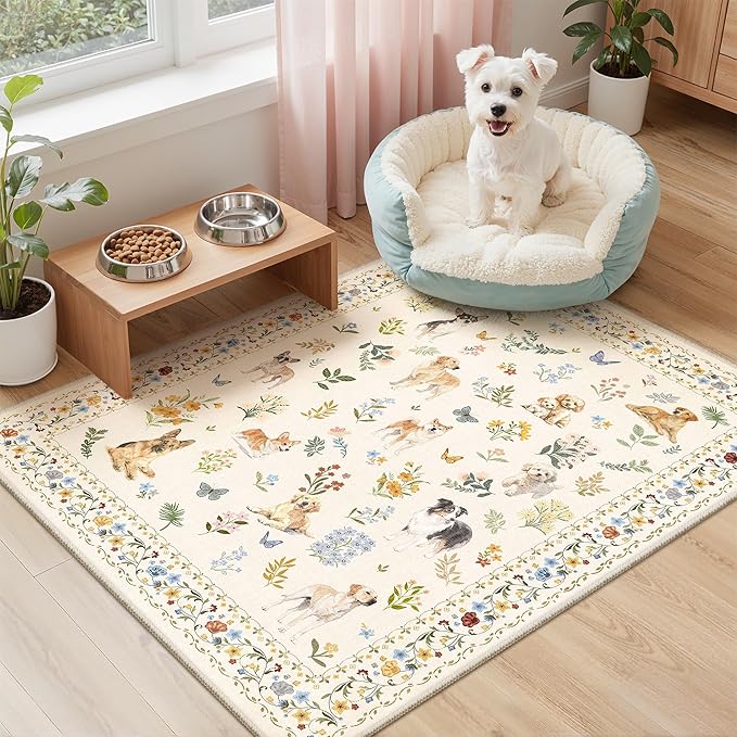 Soalmost 2x3 Dog Rugs for Entryway, Machine Washable Door Mat Animal Floral Small Area Rug Non-Slip Low Pile Soft Throw Rugs for Entrance Kitchen Indoor Front Door Kids Room (2 x 3,Beige)