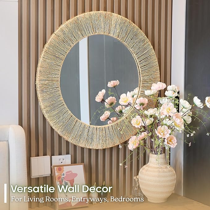 Chi An Home 24 Inch Natural Jute Mirror, Wall Mounted Round Mirror with Metal Frame, Wall Decor Rustic Farmhouse Boho Decor Accent for Bathroom, Bedroom, Living Room, or Entryway