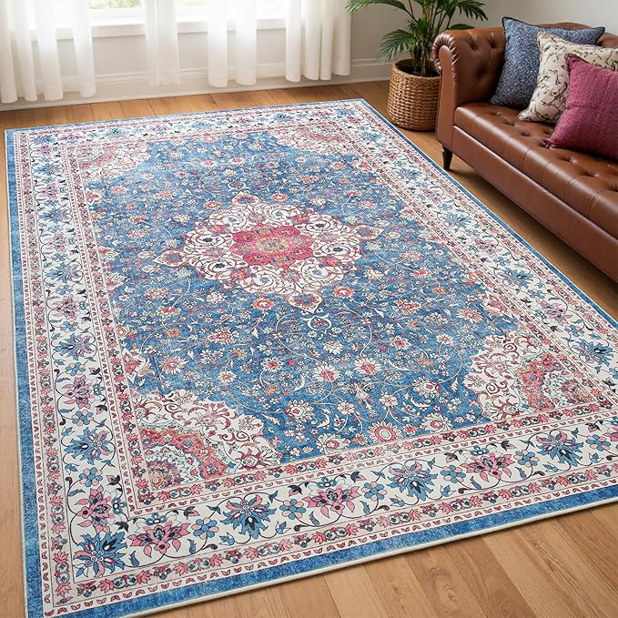 Goideal Washable Rug 5x7, Vintage Area Rugs Non Slip, Indoor Low Pile Carpet with Rubber Backing for Living Room Kitchen Bathroom Entryway Office Bedroom, Blue & Hot Pink