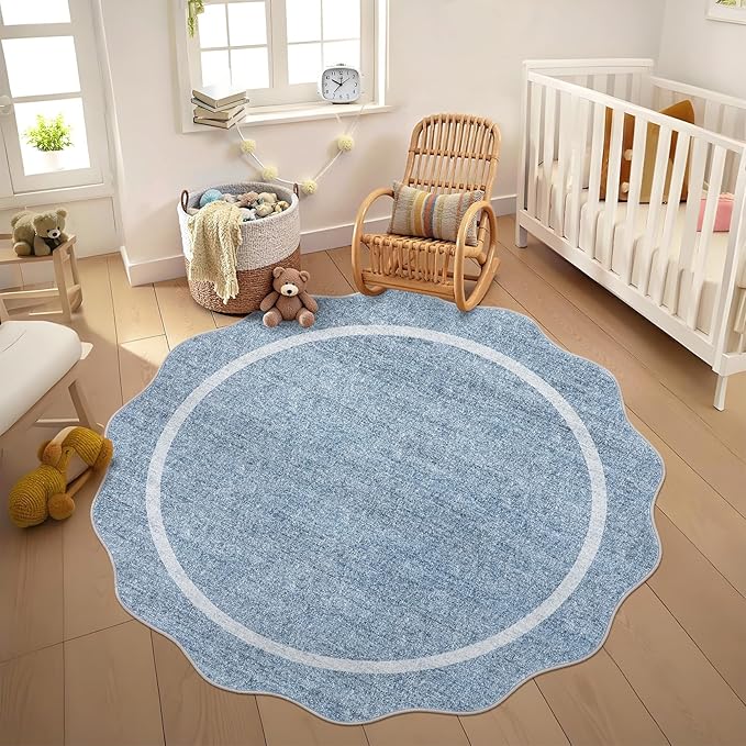GarveeHome Scalloped Washable Round Rugs, Non-Slip Soft Round Rug 4ft Ultra-Thin, Small Boho Circle Stain Resistant Low Pile Carpet for Entryway Kitchen Bedroom Nursery Bathroom, Blue