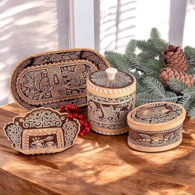 Birch Bark Bread and Pastry Basket, Bread Storage Container and Fruit Basket for Serving Set (Squirrels Design)