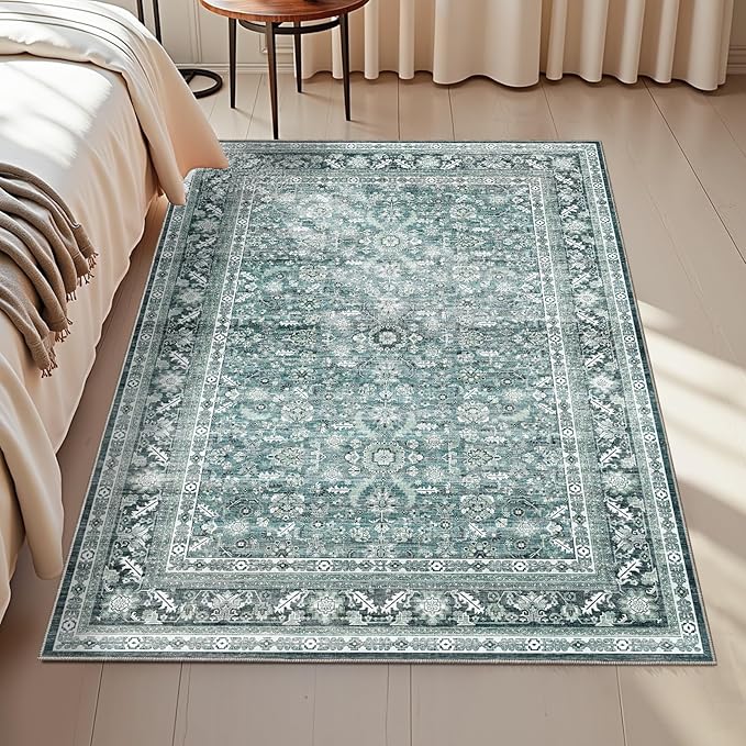 OPPODREAM Vintage Teal Area Rugs 3x5, 3 x 5 Retro Washable Rug Non Slip, Low-Pile Faux Wool Carpet, Distressed Floor Mat for Living Room, Bedroom, Kitchen, Office, Dorm, Dinning Room