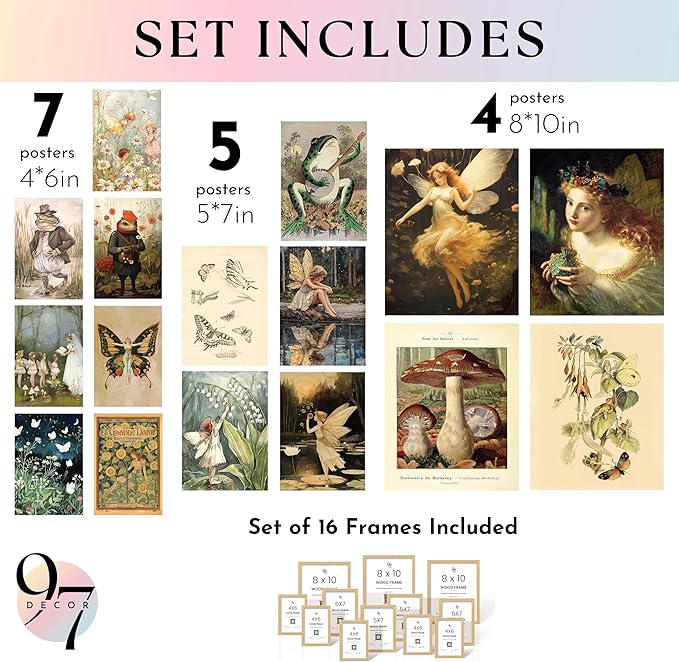 97 Decor Vintage Fairycore Decor - Fairy Art Prints Aesthetic, Cottage Core Wall Art Posters, Fairy Pictures Cottagecore Mushroom Pictures, Earthy Goblincore Decorations for Bedroom Home (8x10 Unframed)
