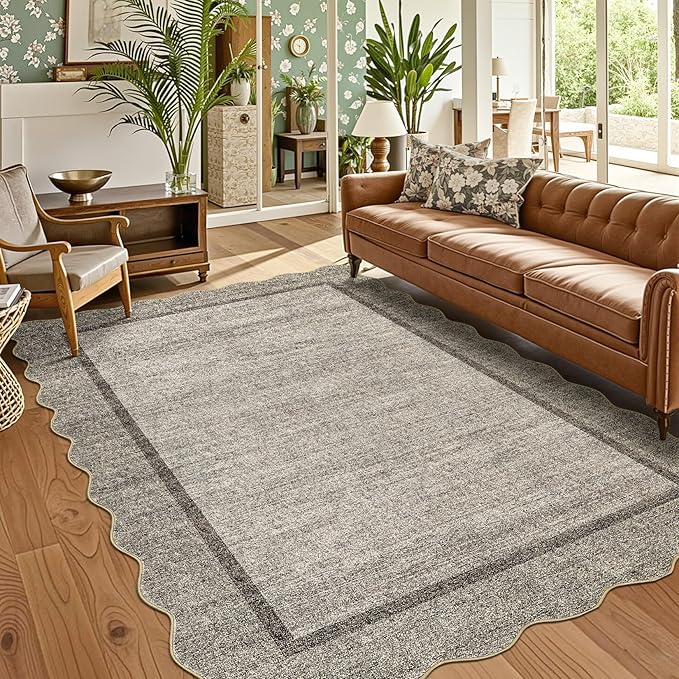 GarveeHome Scalloped Washable Rug 6x9 Rugs for Living Room Modern Brown Nursery Rug Large Area Rug for Bedroom Non Slip Throw Rugs Soft Low Pile Stain Resistant Carpet for Classroom 6 ft x9 ft Brown