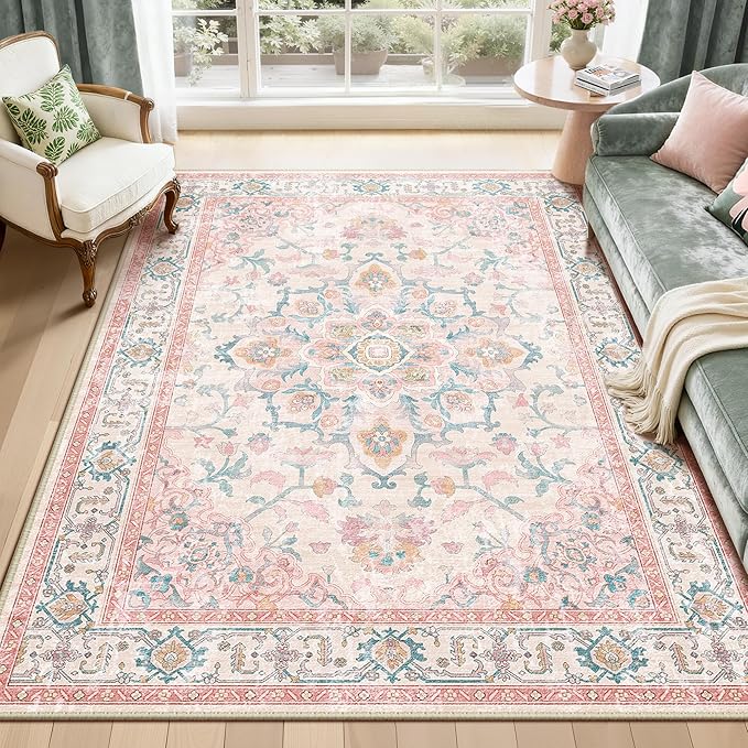 CAPALOCA Machine Washable Rugs Nursery Rug 6x9 Cute Girl Non Slip Low Pile Water Repellent Soft Print Pattern for Bedroom Indoor Decor Kids Playroom Pink Teal