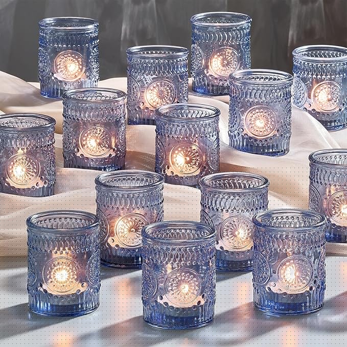 30 Pack Clear Glass Votive Candle Holders, Vintage Candle Holder Bulk, Tealight Candle Holders for Table Centerpieces, Home, Bridal Shower, Birthday, Christmas, Thanksgiving Party Table Decor (Blue)