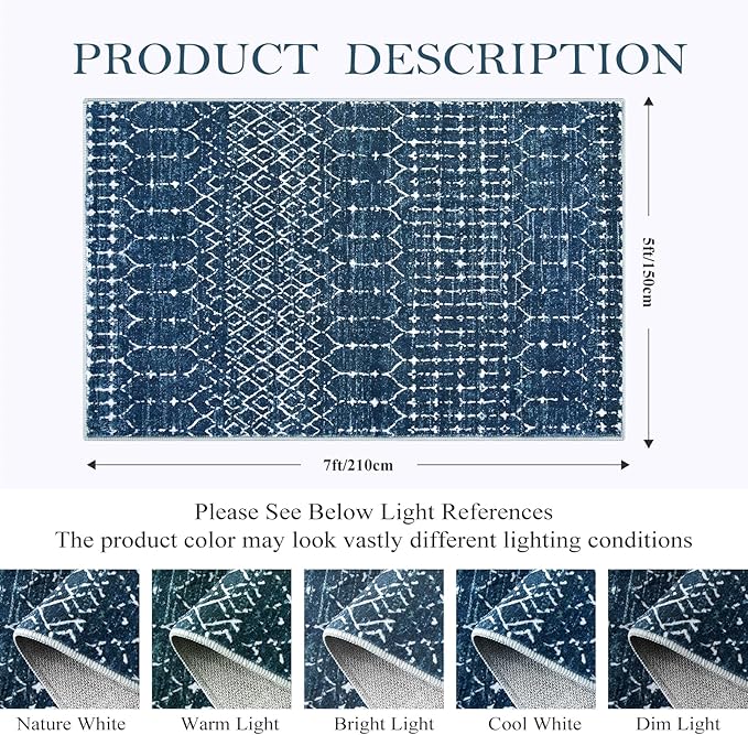 Lahome Moroccan Blue Area Rug 5x7 Machine Washable Non-Slip Throw Living Room Rugs Ultra-Thin Stain Resistant Soft Rug for Bedroom, Geometric Print Modren Carpet for Dining Room Office Entryway Hana