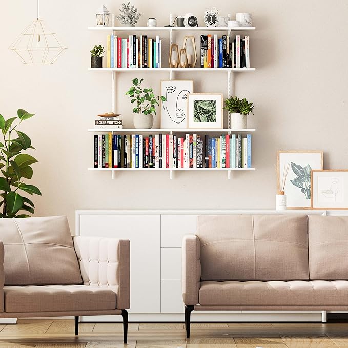 Wallniture Turin 48"x10" Floating Shelves for Wall Storage, Closet Storage Shelves, Book Shelf with Adjustable Standard Rail Bracket System for Pantry & Laundry, White, Wood