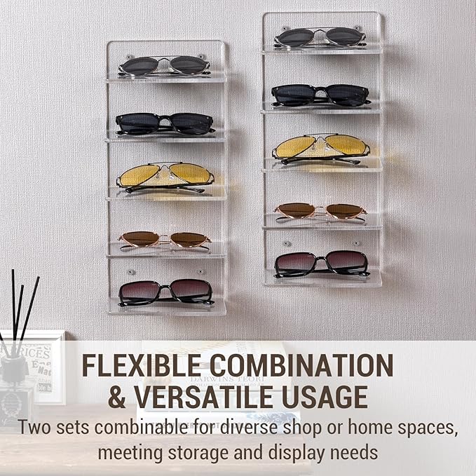MyGift 5 Tier Clear Acrylic Sunglasses Holder Rack, Wall Mounted Eye Glasses Shelf or Tabletop Display Stand, Retail Eyewear Showcase Storage Organizer, Set of 2