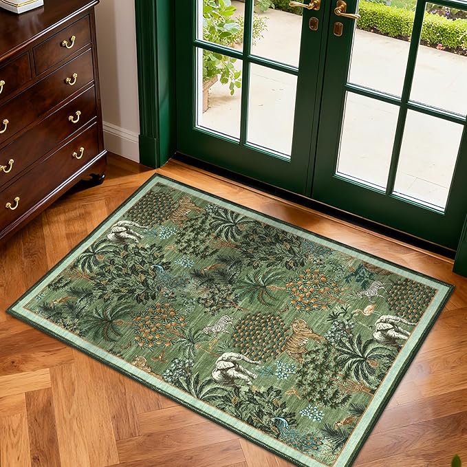 GarveeHome Jungle Rug 2x3 Animal Print Rugs Non Slip Washable Front Door Rug for Entryway, Indoor Kitchen Rugs Low-Pile Small Door Mat Forest Carpet for Bedroom Home Décor, Forest Green