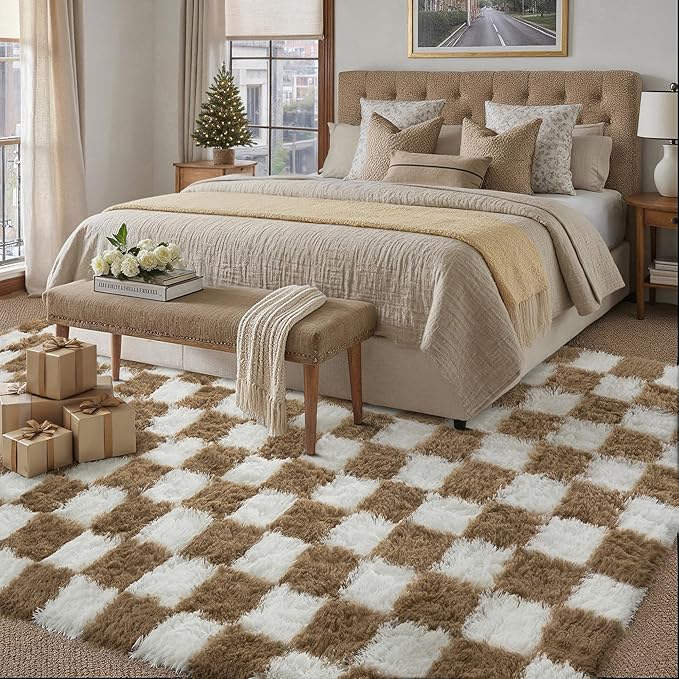 PureCozy Checkered Rug 6x9 for Living Room, Brown and White Modern Shag Rugs Super Soft Washable Indoor Office Fuzzy Carpet Non-Slip Fluffy Rugs for Bedroom Home Aesthetic Decor