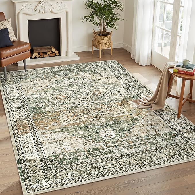 Soalmost 6x9 Area Rugs for Living Room Non-Slip Washable Rugs 6x9 Vintage Rug for Bedroom Dinning Room Ultra-Thin Area Rugs Farmhouse Home Decor Olive/Beige