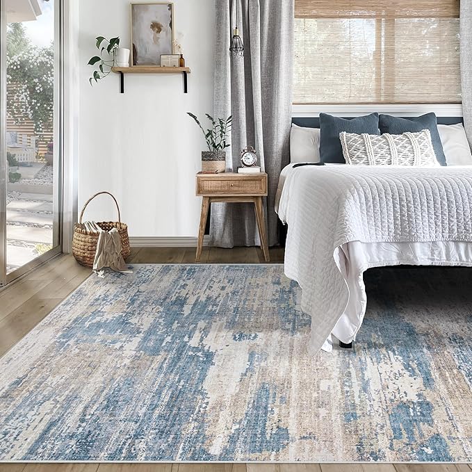 XLUEZ 5x7 Area Rugs for Living Room, Washable Modern Abstract Large Area Rug Neutral Soft Non Slip Kids Rug Stain Resistant Indoor Carpet for Bedroom Nursery Dining Room Playroom(BlueBeige, 5'x7')