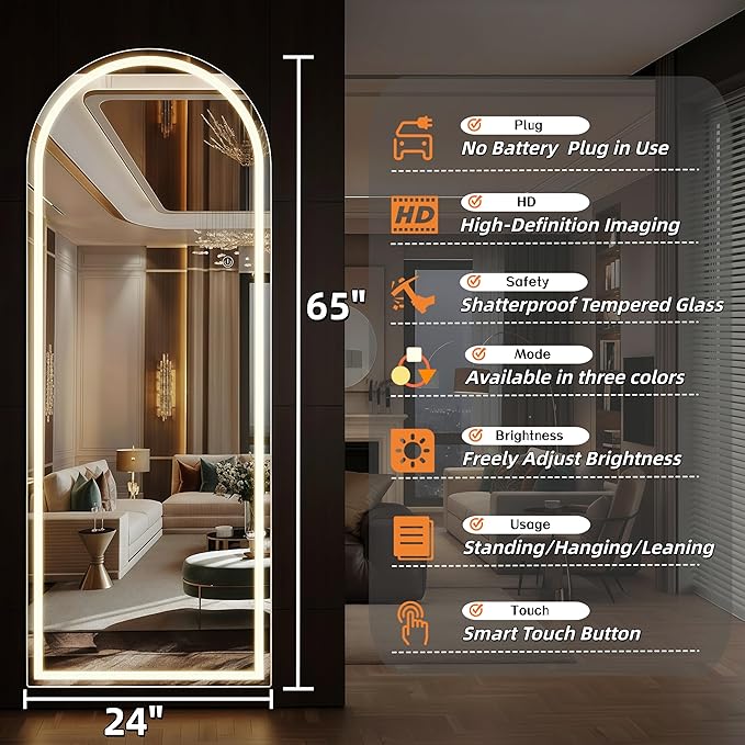 Full Length Mirror with LED Lights 65"x24"Arched Full Body Mirror with Stand Aluminum Alloy Frame, Floor Mirror with Dimming & 3 Color Lighting for Bedroom Dressing Room Tempered Glass Silver