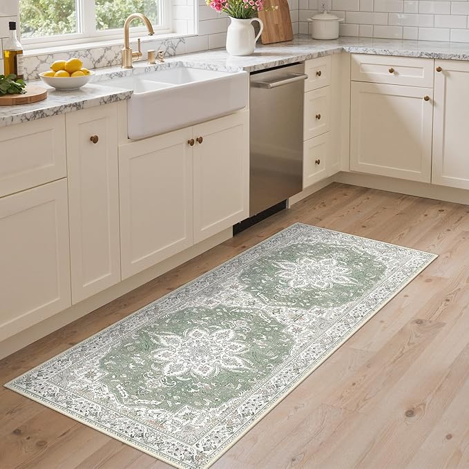GENIMO 2'6''x8 Washable Vintage Runner Rug for Hallway, Non-Slip Low Pile Chenille Print Rug, Soft Rugs for Indoor Entryway Kitchen Corridor, Sage & Linen