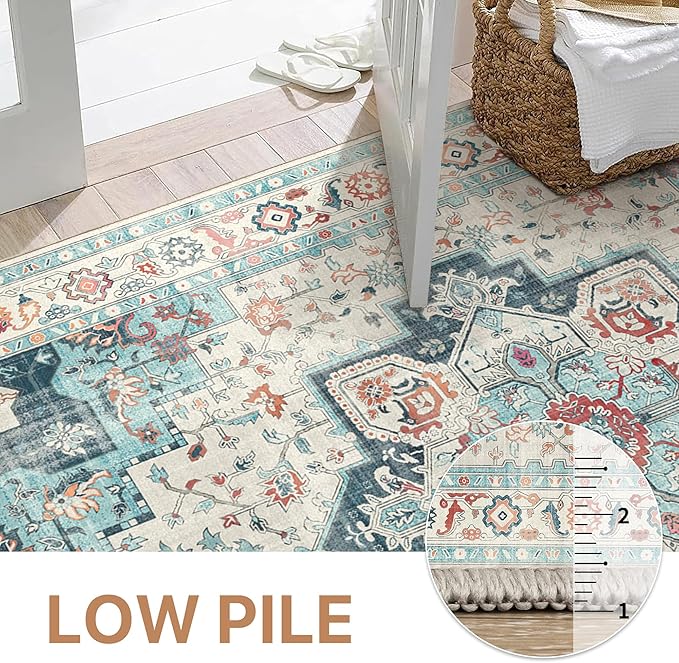 GENIMO 8x10 Area Rugs for Living Room, Machine Washable Non Slip Rugs, Low Pile Lightweight Vintage Print Rug for Bedroom, Dining Room, Home Office, Turquoise & White