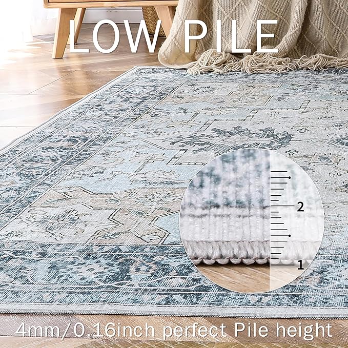 GENIMO 6FT Round Area Rugs for Living Room, Circle Rugs Machine Washable Low Pile, Chenille Non Slip Vintage Rug for Bedroom, Dining Room, Home Office, Blue