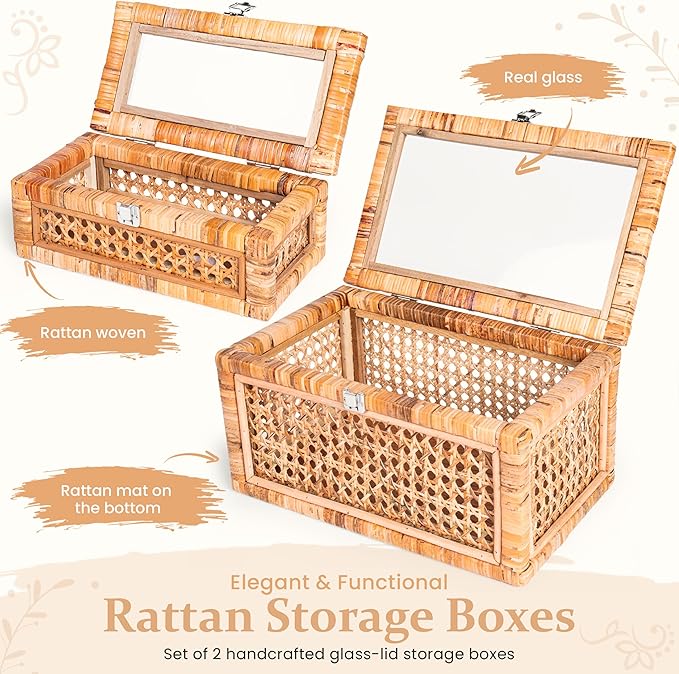 Large Set of 2 Handwoven Rattan Decorative Boxes with Glass Lids - Stackable Wicker Storage Boxes for Home Decor - Coffee Table Box Organizers - Woven Box with Lid for Shelves