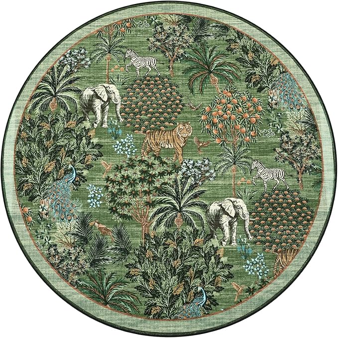 GarveeHome Jungle Round Washable Rugs 4ft Non-Slip Soft Round Rug for Kids Room, Animal Print Tiger Circle Carpet for Bedroom Entryway Playroom Nursery, Forest Green
