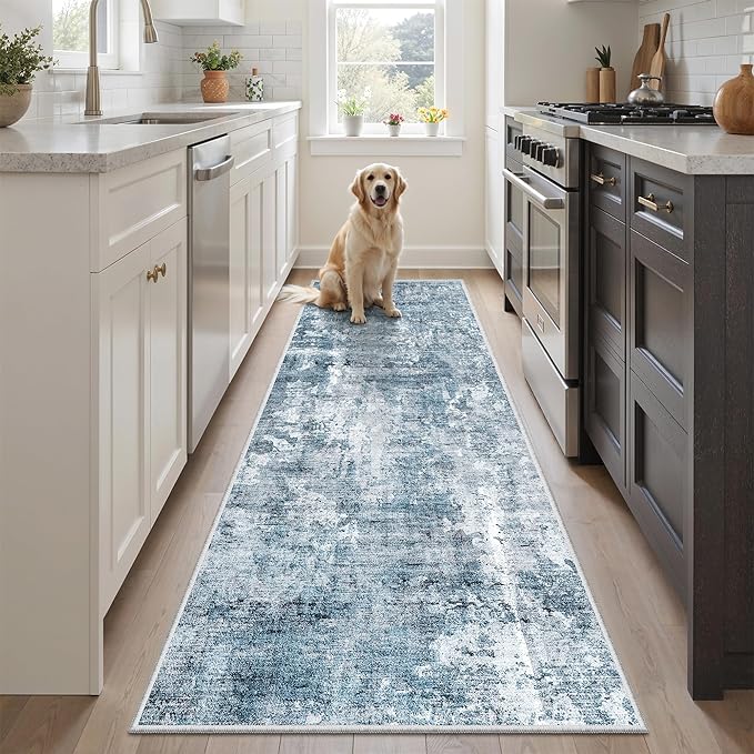 Soalmost Runner Rug 2x5 Washable Non-Slip Kitchen Runner Rugs for Bathroom Laundry Room Blue/Grey Vintage Floor Carpet Runners for Hallway Entryway