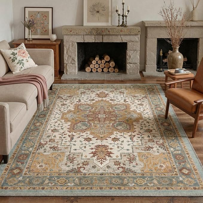GENIMO 5x7 Area Rugs for Living Room, Machine Washable Rug, Non Slip Indoor Vintage Carpet, Low Pile Lightweight Chenille Print Carpet for Bedroom Dining Room Home Office, Warm Taupe Medallion