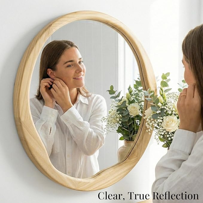 Natural Wood Round Wall Mirror 30 Inch, Large Solid Wood Framed Mirror with Wavy Inner Edge for Bathroom Vanity, Living Room & Organic Boho Decor