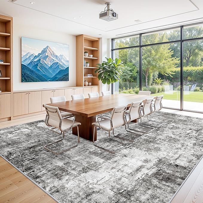 10x14 Area Rug Living Room – Washable Large Neutral Modern Abstract Soft Low Pile Non-Slip Thin Carpet for Bedroom, Dining Room, Home Office (Grey)