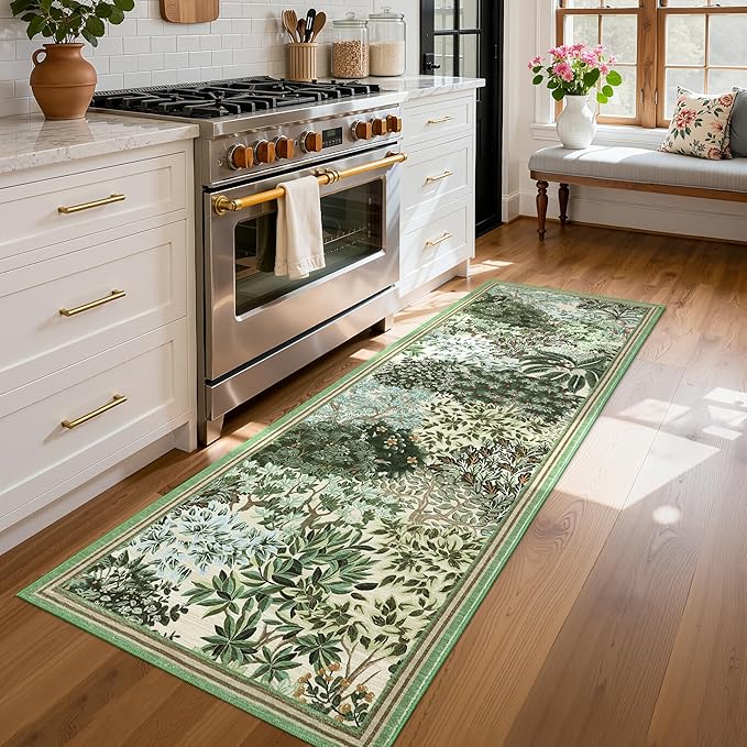 GarveeHome Forest Runner Rug, Beige Green Washable Runner Rug 2x6 for Kitchen, Botanical Low Pile Non Slip Stain Resistance Woodland Hallway Rug for Entryway Bedroom Laundry Room