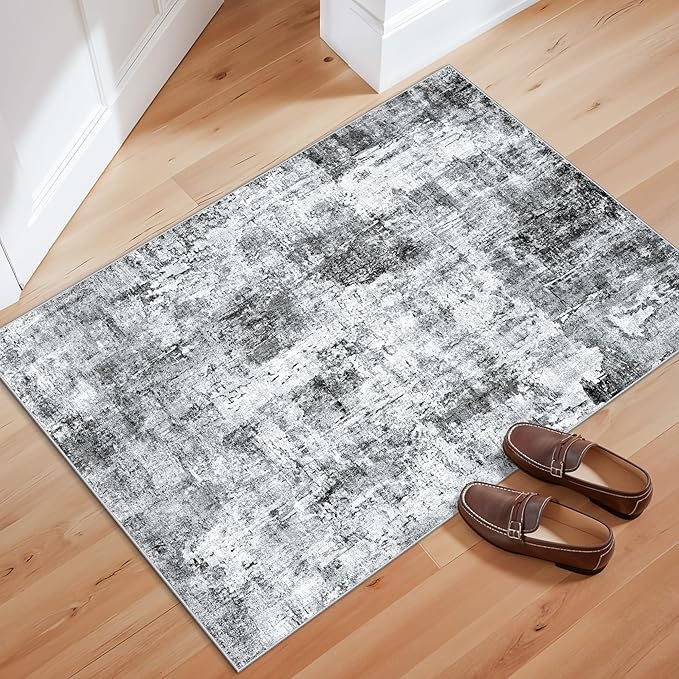 2x3 Washable Non-Slip Area Rug - Soft Low Pile Throw Rug for Kitchen Entryway Bedroom - Modern Indoor Door Mat with Rubber Backing (Grey, 2x3)