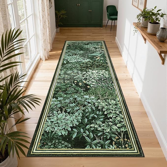 GarveeHome Forest Runner Rug 2.5x10, Green Washable Runner Rug for Kitchen, Botanical Low Pile Non Slip Stain Resistance Woodland Hallway Rug for Entryway Bedroom Laundry Room