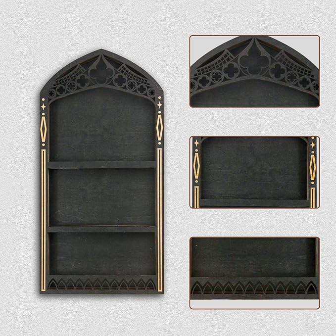 Gothic Crystal Shelf Display for Wall, Wooden Rock Gem Healing Stone Display Shelf Wall Mounted, Crystal Holder Trinket Organizer Knick Knack Shelf, Gothic Witchy Decor Gifts for Women - 2025 UPGRADED