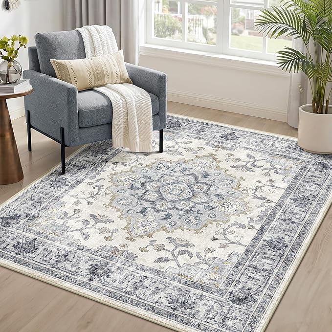 CAPALOCA Machine Washable Rugs Nursery Rug Sq4ft Cute Girl Non Slip Low Pile Water Repellent Soft Print Pattern for Bedroom Indoor Decor Kids Playroom Blue White