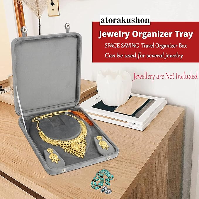 atorakushon Large Velvet Jewelry Box Big Necklace with Ring Earring Pendant Gift Case Pearl Necklace/Chunky Necklace Storage Pouch for Women Grey