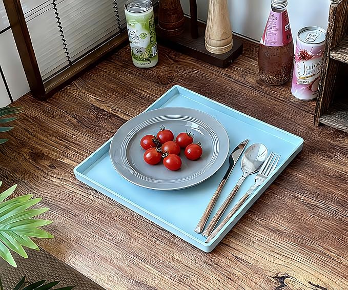 Blue Square Plastic Tray - 11 Inch Organizer Tray for Bathroom Vanity, Dresser, Coffee Table, Nightstand | Decorative Catch-All Tray for Makeup, Jewelry, Remote Controls & Essentials